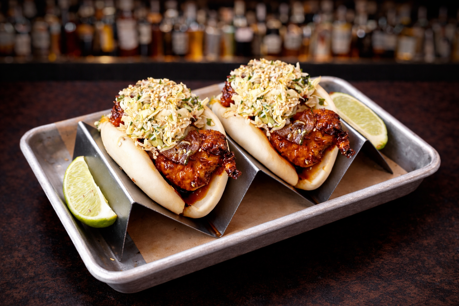 Glazed chicken bao buns with slaw and lime