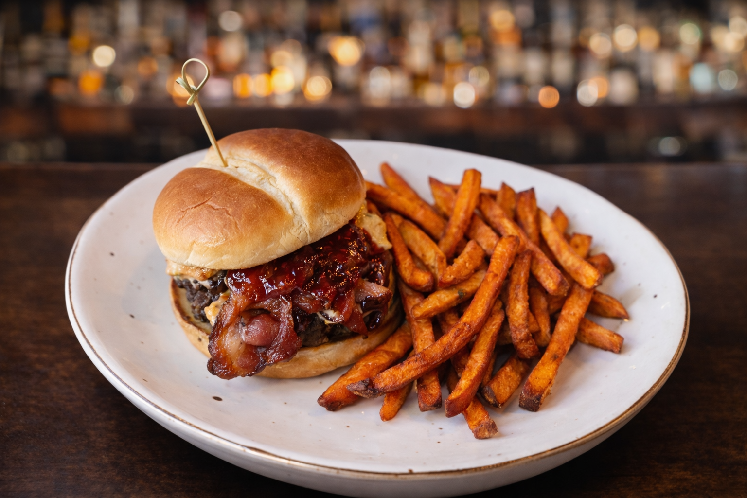 Jalapeño popper burger with sweet potato fries